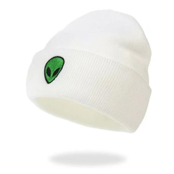 Accessories - Embroidered Alien Beanie White